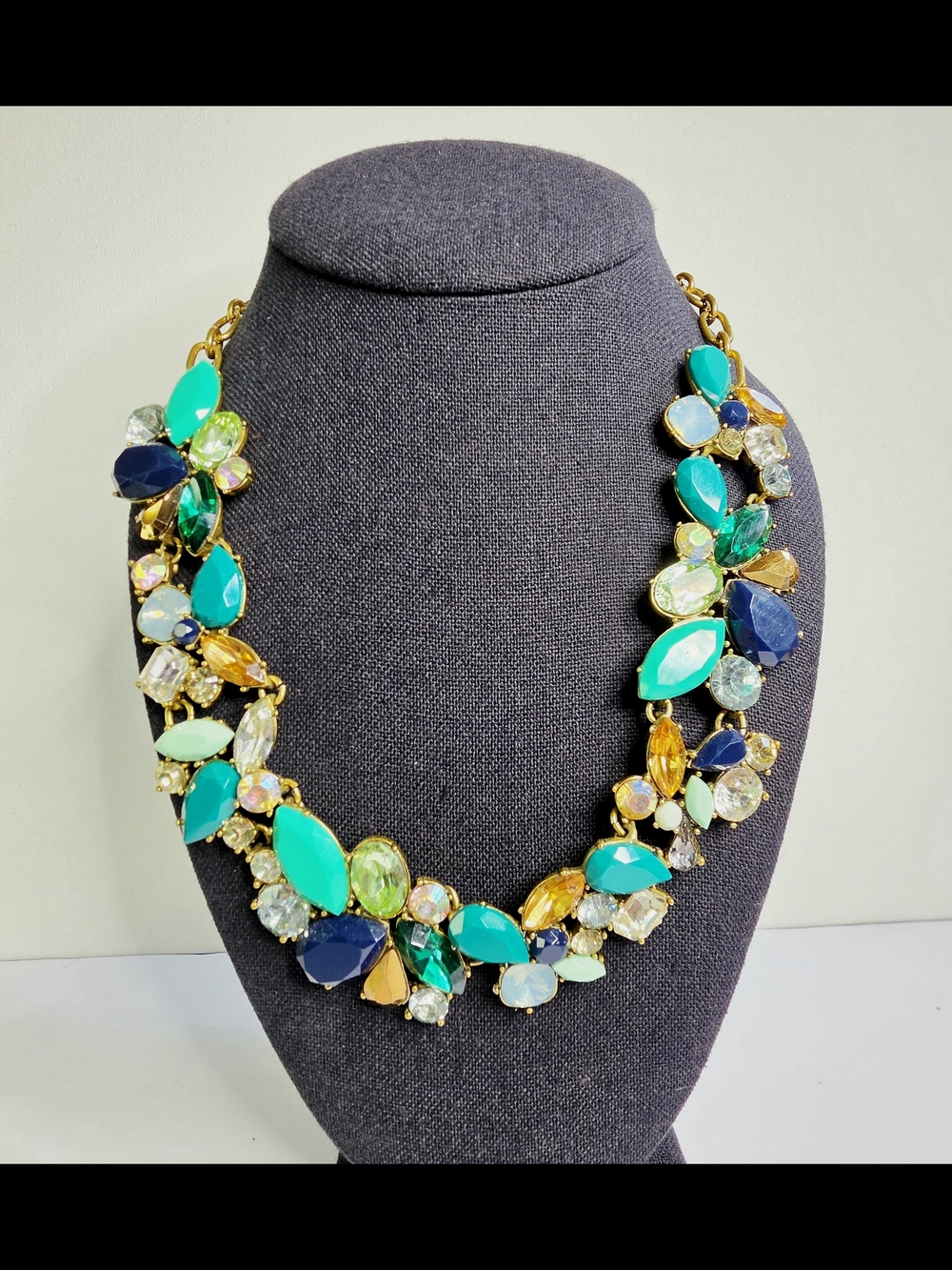 J. Crew Statement Necklace with Teal Emerald Light Blue Clear Rhinestones Brass - Picture 2 of 6